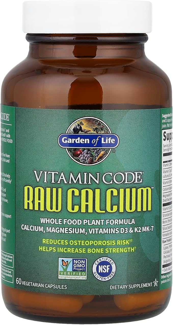 Garden of Life Raw Calcium Supplement for Women and Men - Vitamin Code Made from Whole Foods with Magnesium K2 Vitamin D3 and Vitamin C Plus Probiotics for Digestion 60 Capsules