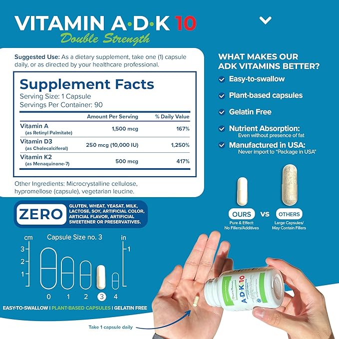 Power By Naturals ADK Vitamin Supplement – ADK 10 High Potency with Vitamins A D3 10000 IU &amp K2 MK7 for Bone Health – Vitamin A D K Supplement – 90 Capsules 2 Pack (6-Month Supply)