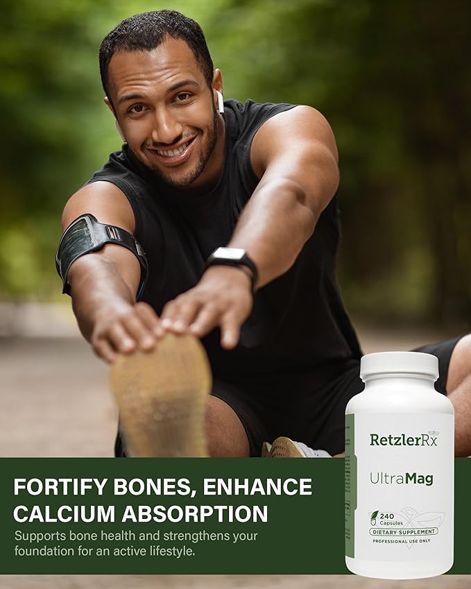RetzlerRx UltraMag 125 Magnesium Glycinate Supplement - 240 Capsules with Patented TRAACS for Enhanced Absorption - Supports Cardiovascular Health Muscle Function Bone Health &amp Strength
