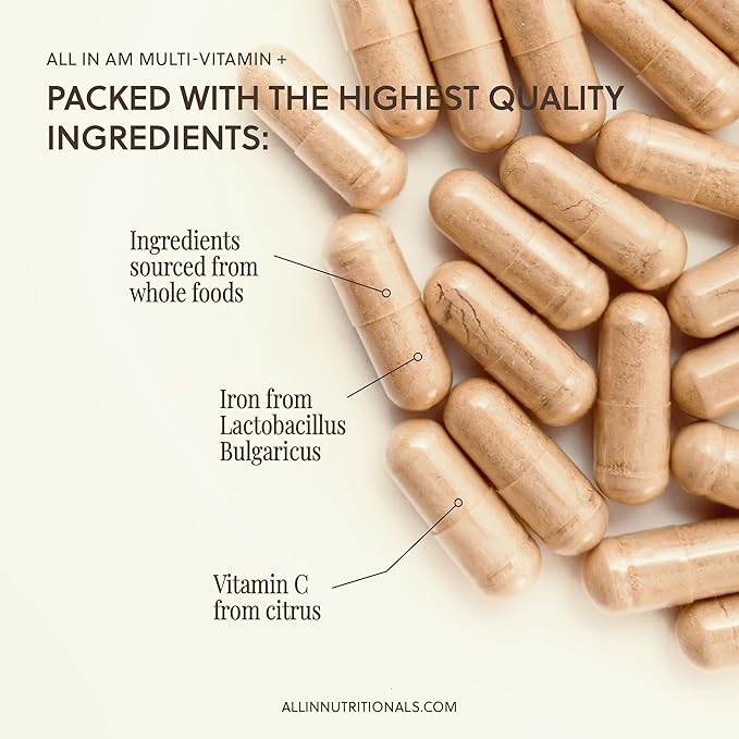 All In Nutritionals AM Multi-Vitamin +: Vegan Food-Based Multivitamin with Vitamin D3 K2 B12 Iron and Ionic Fulvic Acid