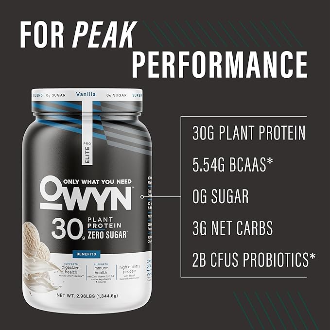 OWYN Only What You Need Pro Elite Vanilla Flavored Protein Powder 32g Protein 0g Sugar 4g Fiber High Protein Dairy Free Gluten Free Plant Based Protein Powder 2.9LB