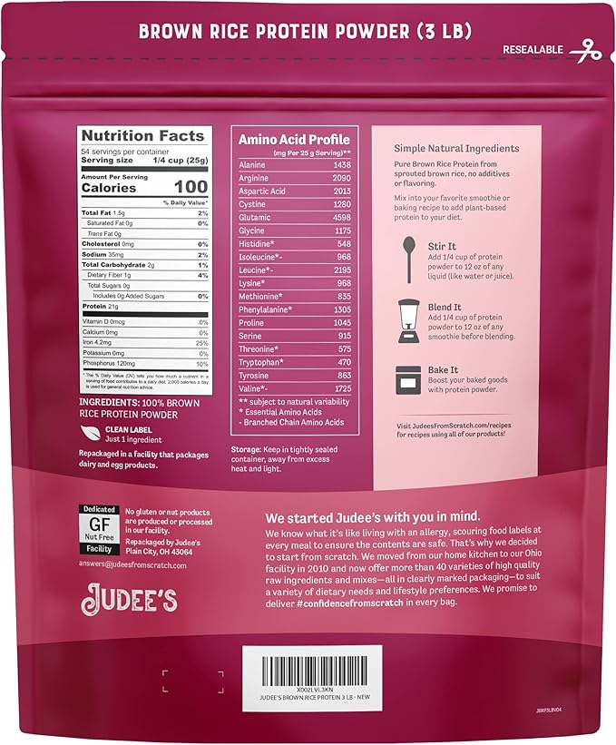 Judee's Gluten Free Brown Rice Protein Powder - Sprouted Rice Formula - Keto-Friendly Plant-Based Nutrition - Dairy &amp Soy-Free Shake Base - 3 lb Unflavored Pack of 1