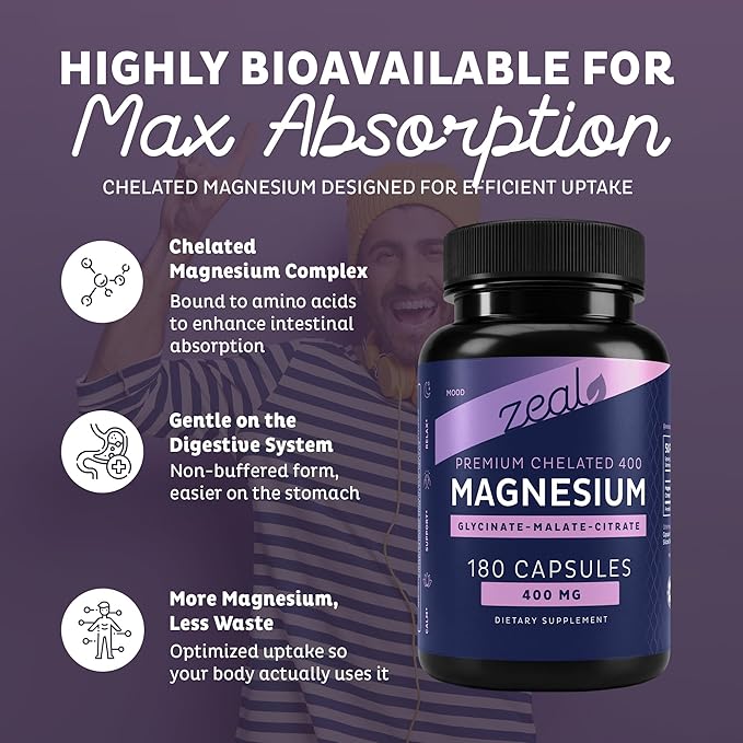 Zeal Naturals Triple Magnesium Complex Supplement - Glycinate Malate Citrate | 400mg 180 Capsules | High Absorption Chelated Magnesium for Sleep Mood Muscle Recovery Relaxation
