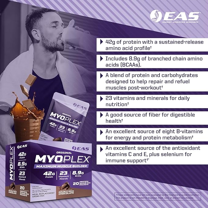 EAS Original Myoplex Maximum Muscle Builder | Meal Replacement Protein Drink Mix | Quality Protein Blend | 42g Protein | 20 Individual Packets (Vanilla Ice Cream)