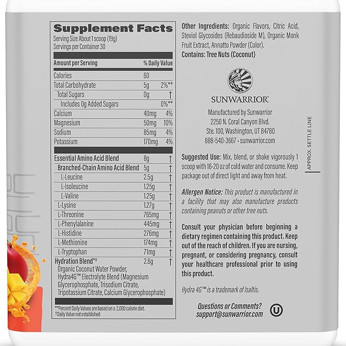 Sunwarrior Amino Acids Amino Energy Powder Essential Amino Acids EAA &amp BCAA | Muscle Repair Hydration &amp Recovery | Promote Wellness Strength &amp Endurance | Mango Flavor | 30 Servings | Acti