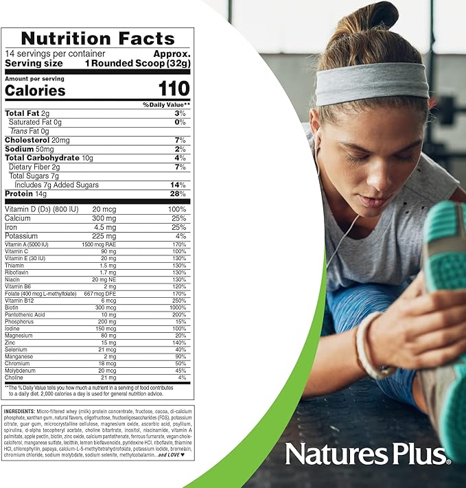 NaturesPlus SPIRU-TEIN WHEY Shake Chocolate - 1 lb - Whey Protein Powder - with Spirulina Vitamins &amp Minerals - Gluten Free - 14 Servings
