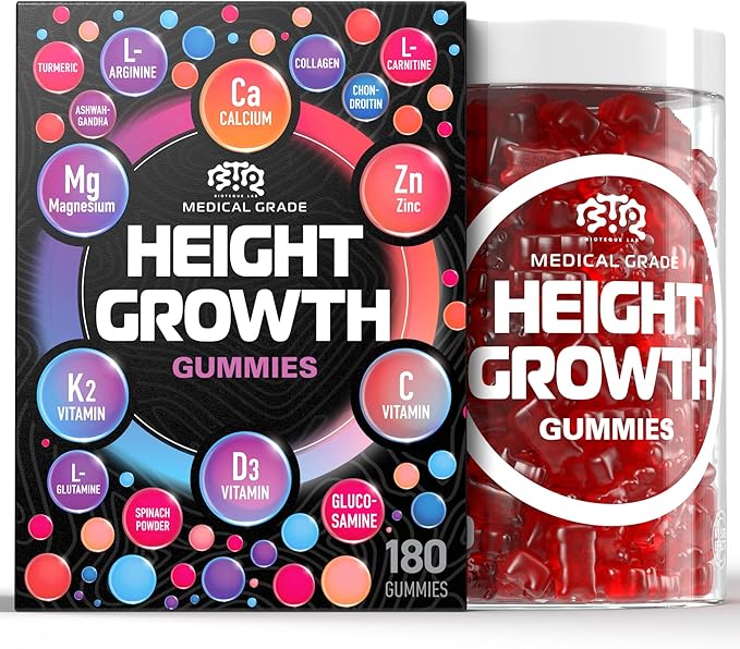 Height Growth Increase Gummies Vitamins Grow Tall Supplement Calcium Magnesium Zinc Ashwagandha Glucosamine Multivitamin for Teens Kids 180 Gummies