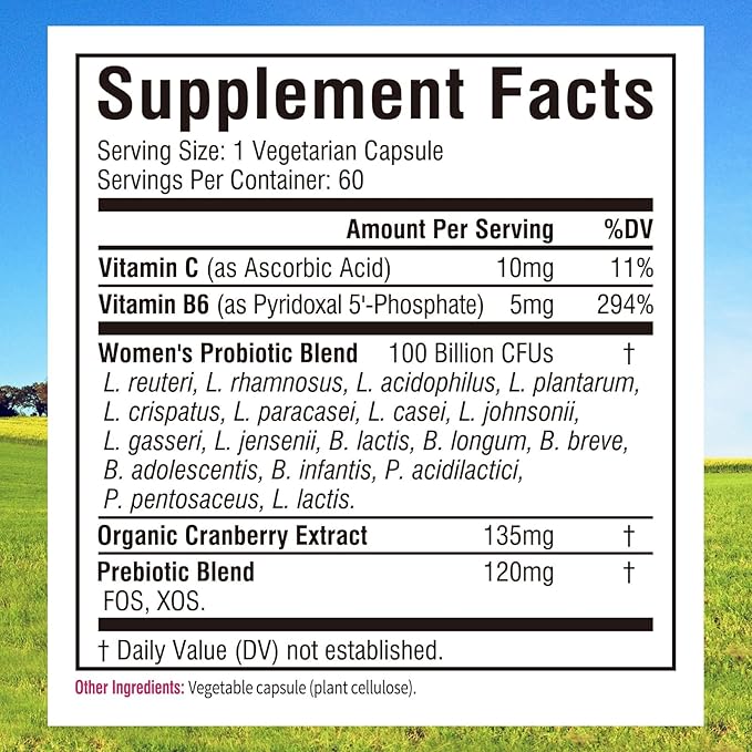 Innate Vitality Probiotics for Women 100 Billion CFUs 18 Strains Prebiotics and Probiotics with Cranberry Vitamin C &amp B6 P5P Vaginal &amp Digestive Health Non refrigerated 60 Caps