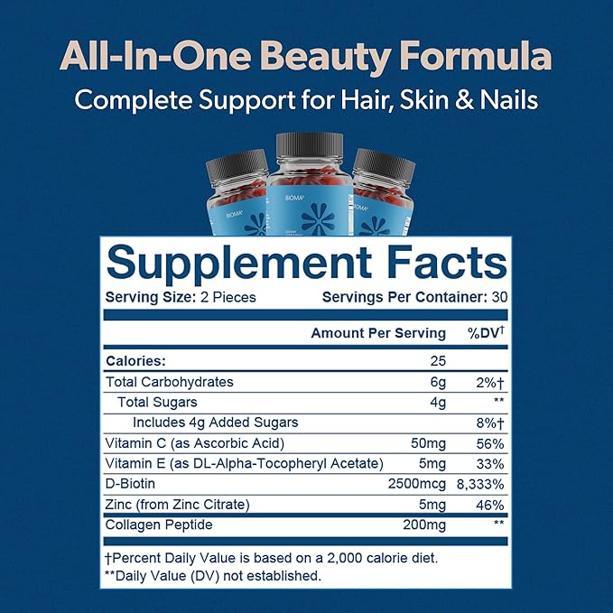 BIOMA Hair Skin &amp Nails Beauty Gummies - Supports Growth &amp Strength with Biotin Collagen Zinc &amp Vitamins C &amp D - Gluten-Free - 60 Gummies (30-Day Supply)