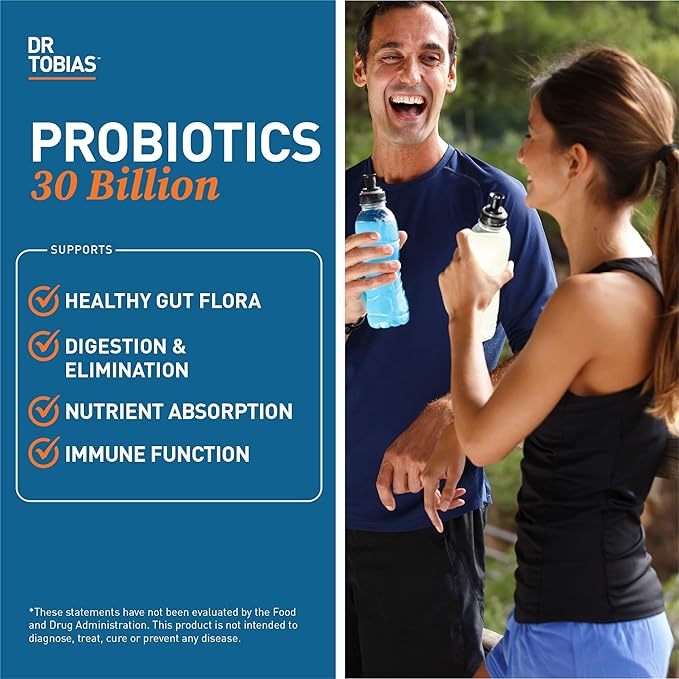 Dr. Tobias Probiotics 30 Billion 10 Strains 30 Billion CFU's Targeted Release Probiotics for Women &amp Men Supports Digestive Health Shelf-Stable Non-GMO 90 Capsules 90 Servings