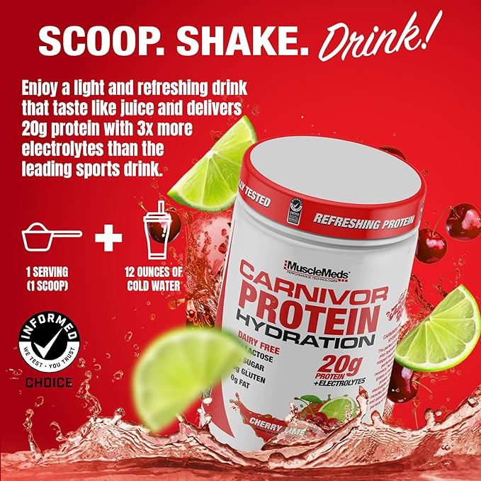 MuscleMeds Carnivor Protein Hydration Drink Powder 20g Refreshing Protein Isolate Lactose Free Sugar Free Electrolytes Muscle Building Recovery Halal Certified Cherry Lime 20 Serve