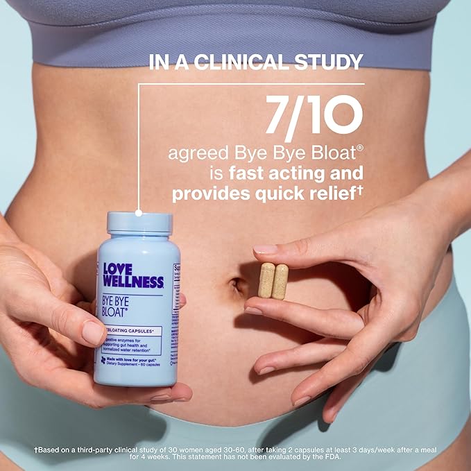 Love Wellness Bye Bye Bloat | Digestive Enzymes for Fast Acting Bloating Relief for Women | Helps Reduce Water Retention &amp Gas Relief | Supports Digestive Health with Fenugreek &amp Dandelion | 6