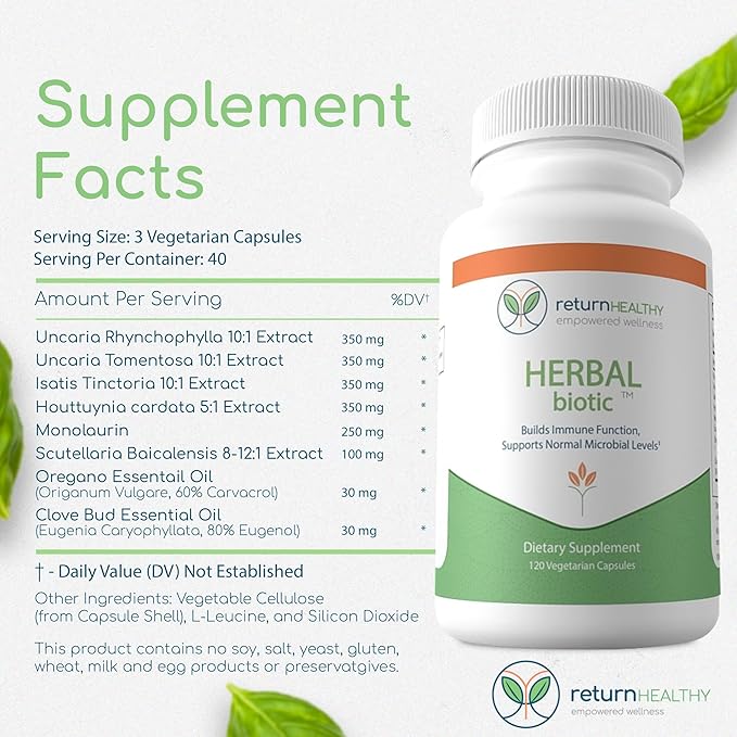 Herbal Biotic Immune Support Vitamins Natural Immune System Booster for Adults Immune Support Supplement Enriched with Cat’s Claw for Probiotic Balance Digestive Health 120 Vegan Capsules