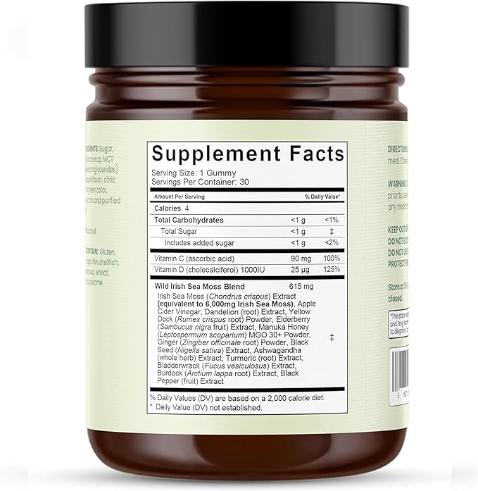 Sea Moss Gummies 16-in-1 Ashwagandha Black Seed Oil Bladder Wrack Turmeric Vitamin C Apple Cider Vinegar Non-GMO (Green Apple)