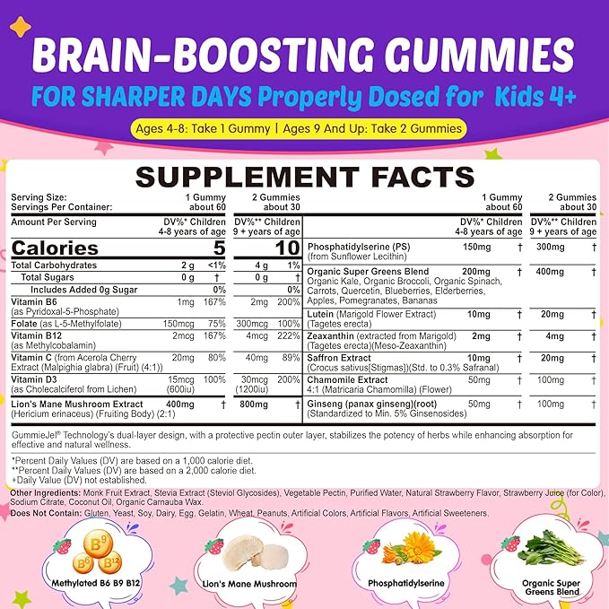 Kids Calcium Gummies + D3 &amp Magnesium +Kids Brain Gummies with Lion's Mane Mushroom Methyl B6 B9 B12 Supper Green