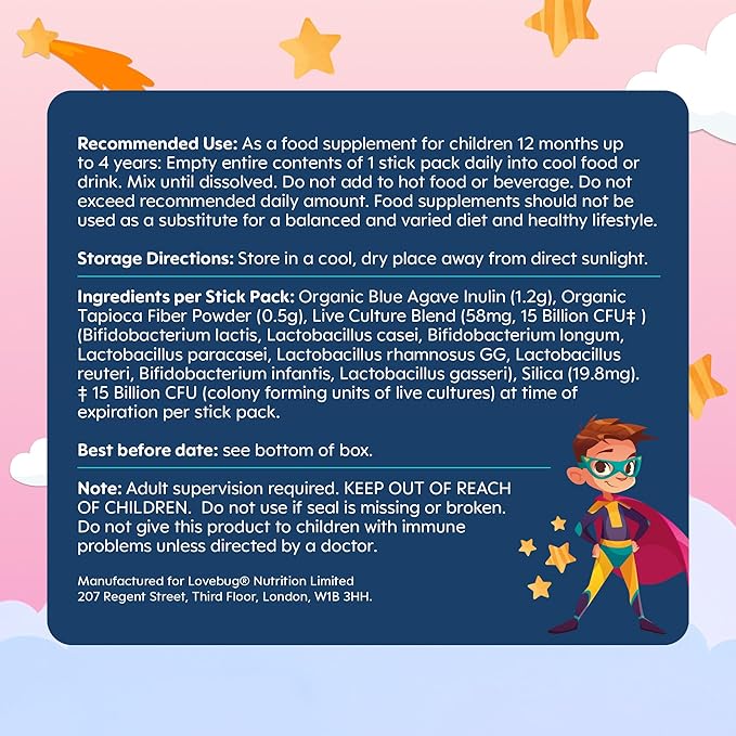 LOVEBUG Kids Probiotic Powder with Prebiotic Fiber - Toddler Immunity Support &amp Constipation Relief - USDA Organic Probiotics for Childrens Gut &amp Digestive Health (Ages 1-4) - 60 Pack (Unflavo