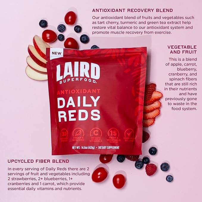 Laird Superfood Antioxident Daily Reds Powder Free Radical Fighting Blend Vitamin C Manganese 2 Servings of Fruits and Vegetables Per Serving 15 Pack