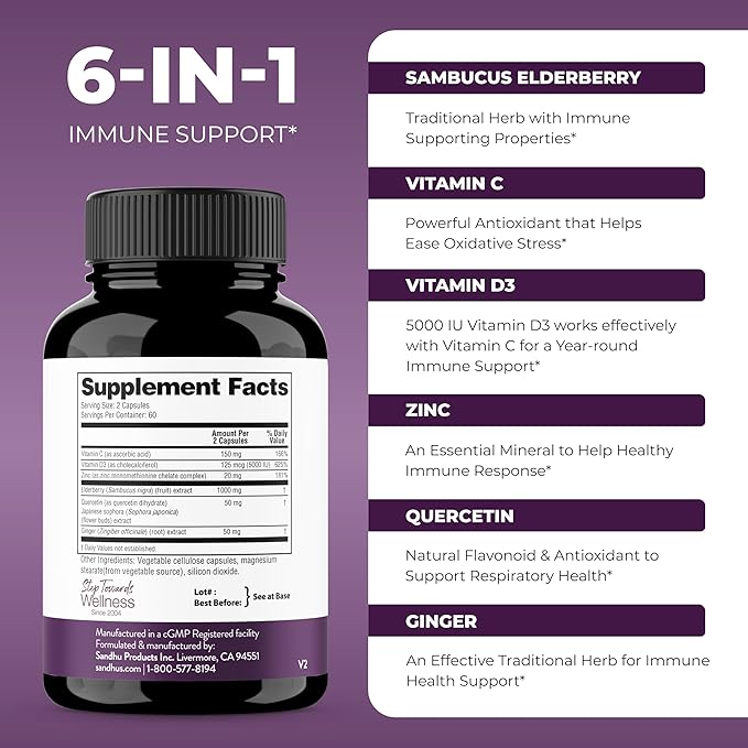 Sandhu's Elderberry &amp Vitamin D3 K2 with Quercetin Capsules (120 Count Each) | Supports Immune Muscle Health &amp Energy