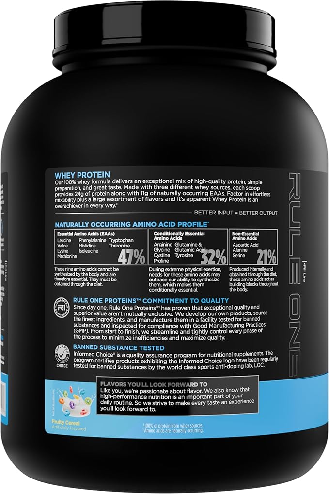 Rule 1 Whey Protein – 24g Fast-Acting Protein from All-Whey Sources with Naturally Occurring EAAs &amp BCAAs for Workout Recovery or Anytime Use (5 Pounds* Fruity Cereal)