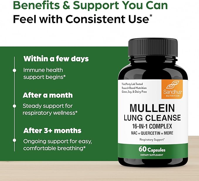 Sandhu's Mullein Capsules for Lungs with Quercetin | Mullein Leaf Extract Supplement for Immune Lung &amp Respiratory Health Support | for Men &amp Women | 60 Count (Pack of 1)
