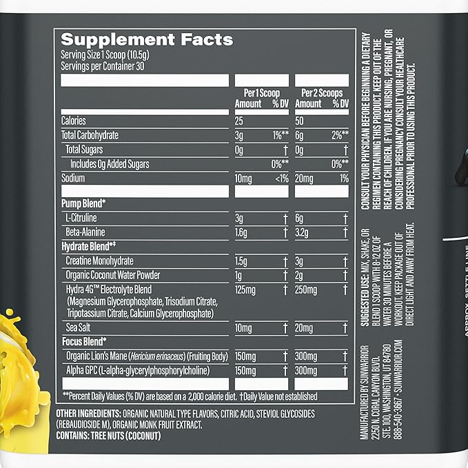 Sunwarrior Pre Workout Powder Energy Drink Non-Stim &amp Caffeine Free | Vegan Plant-Based Supplement | Pump Hydrate Focus Endurance &amp Strength Builder | Yuzu Mango Flavored 30 Serving Active Pre