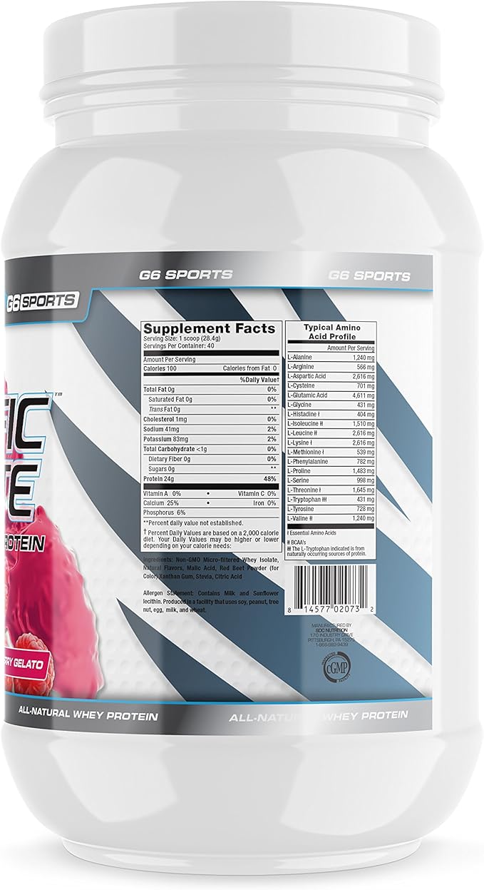 G6 Sports Nutrition Prolific Isolate All Natural Whey Protein Isolate (Gluten Free Lactose Free Soy Free Stevia Sweetened 25g Protein 100 Calories) – 2.5lb Jar – Raspberry Gelato
