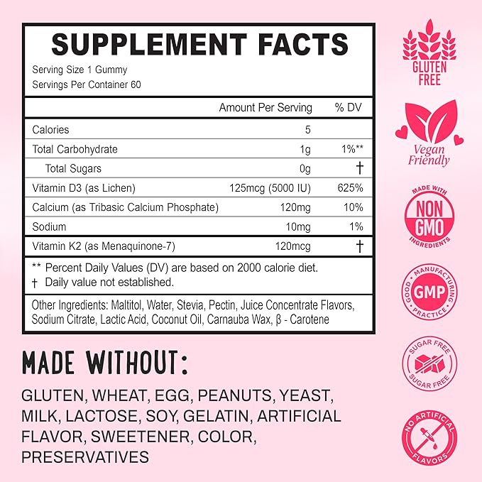 Double-Flavored Vitamin D3 K2 &amp Calcium Fluffy Gummies - Supplement for Healthy Teeth Bone &amp Energy - 5000 IU D3 120 mcg K2(MK-7) 120 mg CA - Vegan &amp Non-GMO - 60 Count