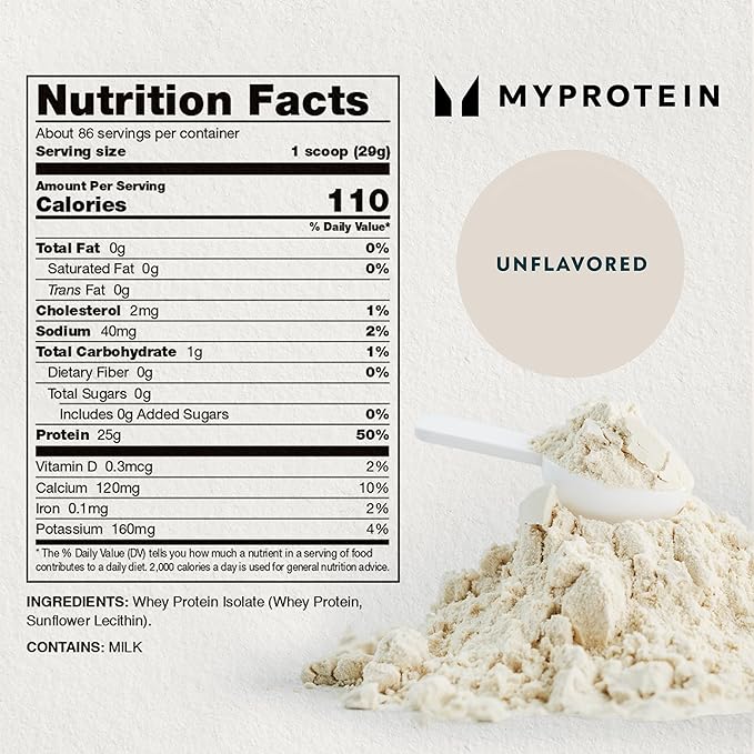 Myprotein Impact Whey Protein Isolate 5.5 Lbs (81 Servings) Unflavored 25g Protein 3.5g Glutamine &amp 6g BCAA Per Serving