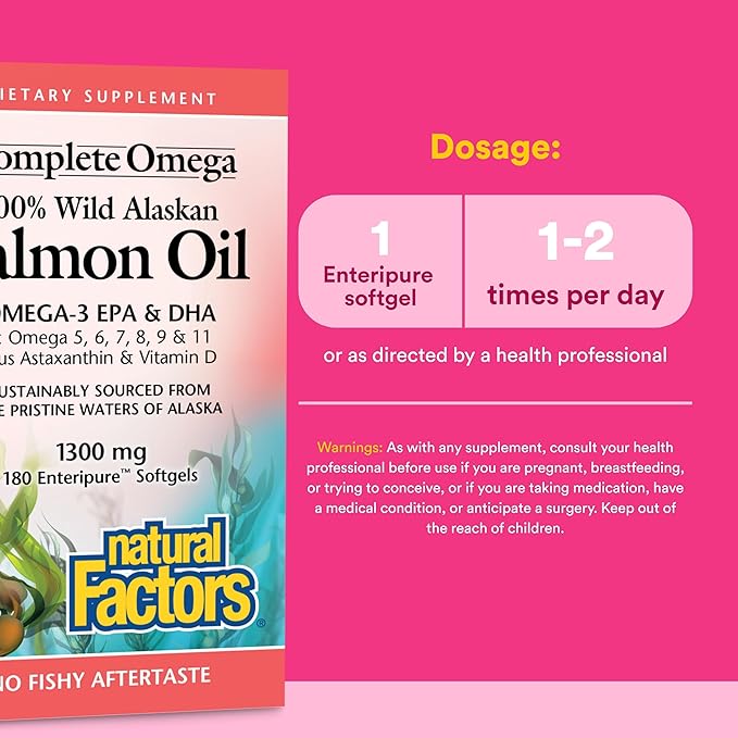 Complete Omega by Natural Factors Wild Alaskan Salmon Oil Supports Heart and Brain Health with Omega-3 DHA and EPA 180 softgels (180 servings)