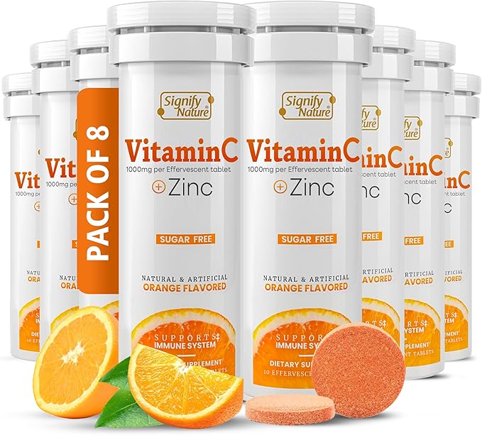 SIGNIFY NATURE Vitamin C 1000mg Effervescent Tablets - Potent Immune Support VIT C with Zinc Supplement - Sugar-Free &amp Vegan Formula | Dissolvable Vitamin C Tablets - Water Soluble Fizzy Elixir -