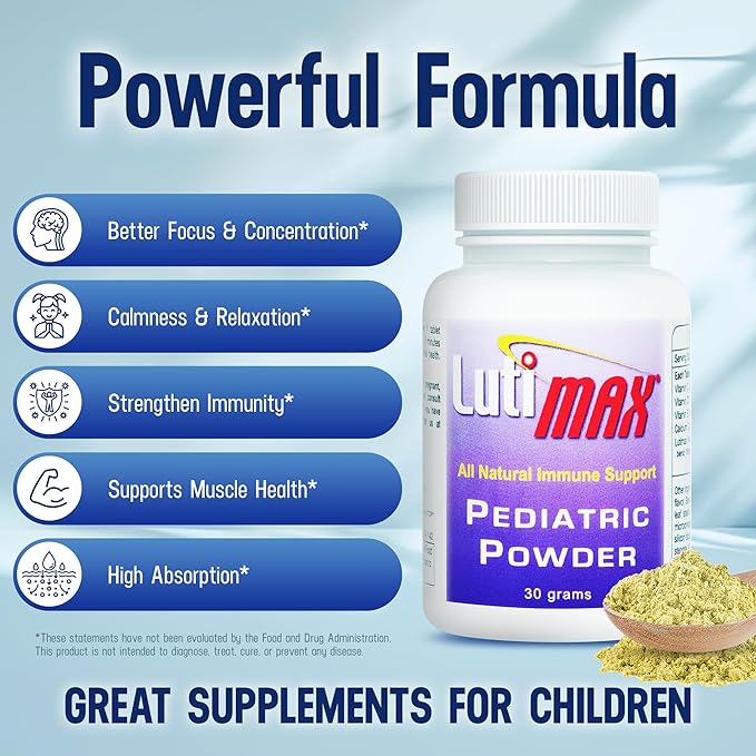 Lutimax Pediatric Powder Brain Supplement with Luteolin &amp Rutin - Kids Memory Focus Muscle &amp Immune Support Brain Supplements - Nootropic Antioxidants - 100 Servings