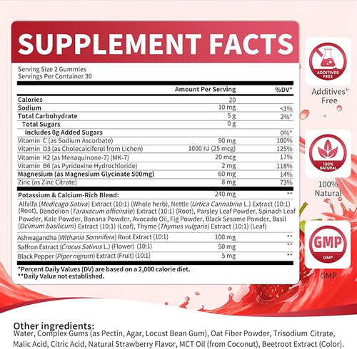 2 Pack Potassium Magnesium Gummies Sugar Free Potassium Supplement Magnesium Glycinate 500mg Ashwagandha Vitamins D3 C B6 Calcium &amp Zinc for Sleep Leg Cramps &amp Muscle Relaxation-120 Cou