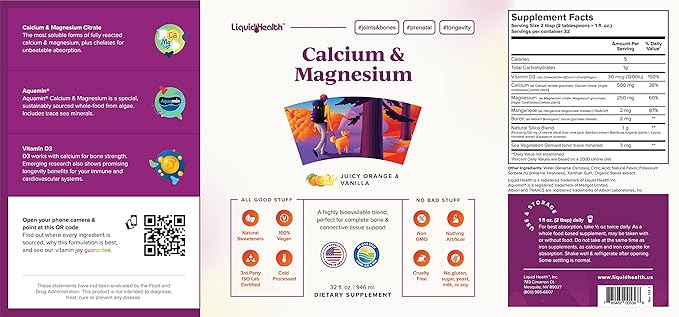 LIQUIDHEALTH Calcium &amp Magnesium Adult Liquid Vitamin Supplement - Bone Joint Muscle Connective Tissue Support Heart Health Essential Nutrients - Made in USA Vegan Non GMO No Sugar (3 Pack