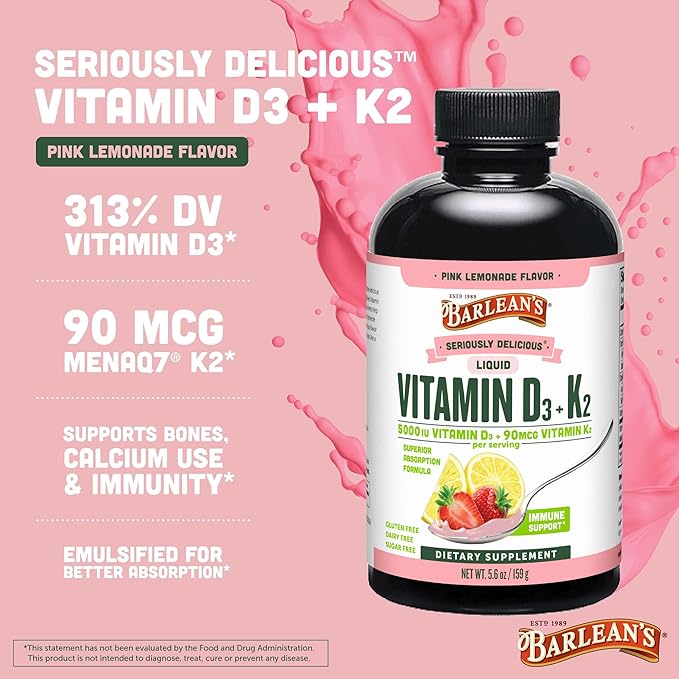 Barlean's Pack of 2 Vitamin D3+K2 Liquid Supplement for Kids and Adults 5000 IU Vitamin D Pink Lemonade Non-GMO Gluten and Dairy Free 5.6 oz Each