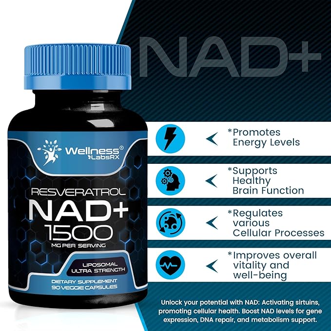 WELLNESS LABSRX Liposomal NAD Supplement 1500mg - USA Made NAD Resveratrol Supplement for Women and Men NAD+ Support Cellular Health Energy &amp Anti Aging - 3 Pack