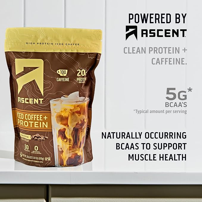 Ascent Iced Coffee Protein Powder - High Protein Coffee Powder 20 g Protein &amp 100 mg Caffeine - 30 Servings