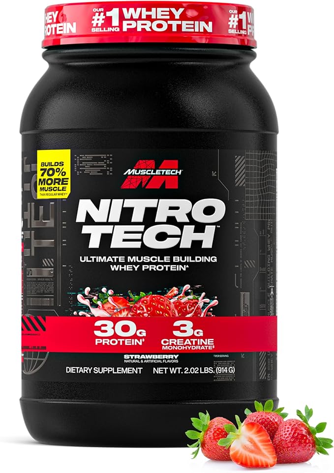 Muscletech Whey Protein Powder (Strawberry 2.2 Pound) - Nitro-Tech Ultimate Muscle Building Formula with Whey Protein Isolate - 30g of Protein 3g of Creatine &amp 6.8g of BCAA - Packaging May Vary