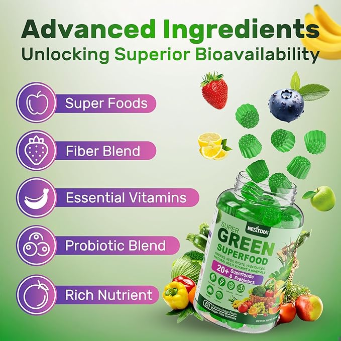 Super Greens Multivitamin Gummies Daily Greens Superfood Gummies w/Spirulina Chlorella Multivitamins Prebiotic Fiber Adaptogens Support Digestive &amp Gut Health Immunity Focus &amp Energy