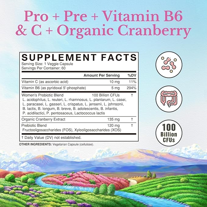 Vitalitown Women's Probiotics | 100 Billion CFUs 18 Strains | Prebiotics VC &amp B6 Cranberry | Shelf Stable | Vaginal Urinary Digestive &amp Mood Support | 60 Vegan Caps