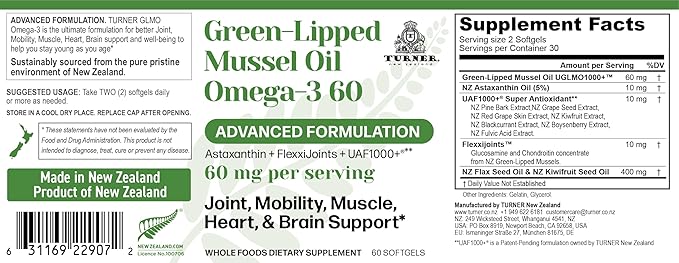 TURNER New Zealand Green Lipped Omega-3 Mussel Oil 53x Higher Potency with UAF1000+ Super Antioxidant No Fishy Aftertaste 2 Bottles 120 Softgels