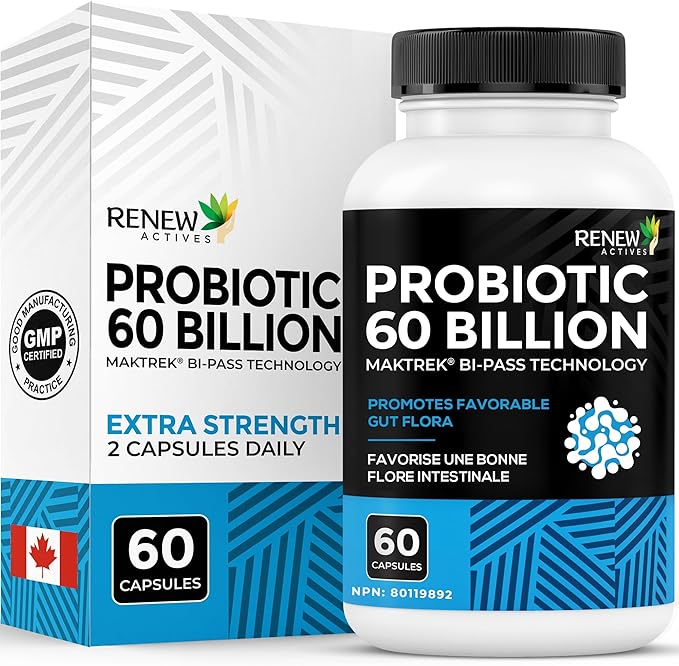 Renew Actives Probiotic Supplement for Digestive Health 60 Billion CFU per 2 Capsules - Advanced Formula with Prebiotic Benefits - Supports Gut Flora Balance &amp Wellness - Made in Canada - 60 Capsu