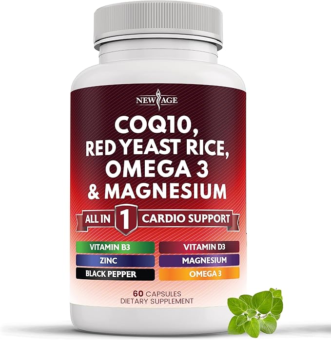 NEW AGE COQ10 200mg Red Yeast Rice Omega 3 Magnesium Complex Zinc Vitamin K2 D3 - Heart Health Support Vitamins for Women and Men with Vitamin B3 Coenzyme Q10-60 Count