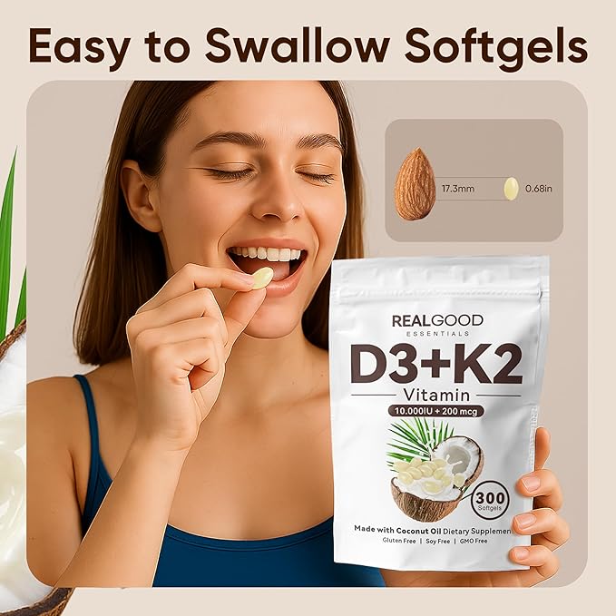 Real Good Essentials Vitamin D3 K2 Real Good D3+K2 (MK7) Coconut Oil Softgels Immune Supports Bone Support Easy to Swallow Non-GMO Gluten Free 300 Softgels