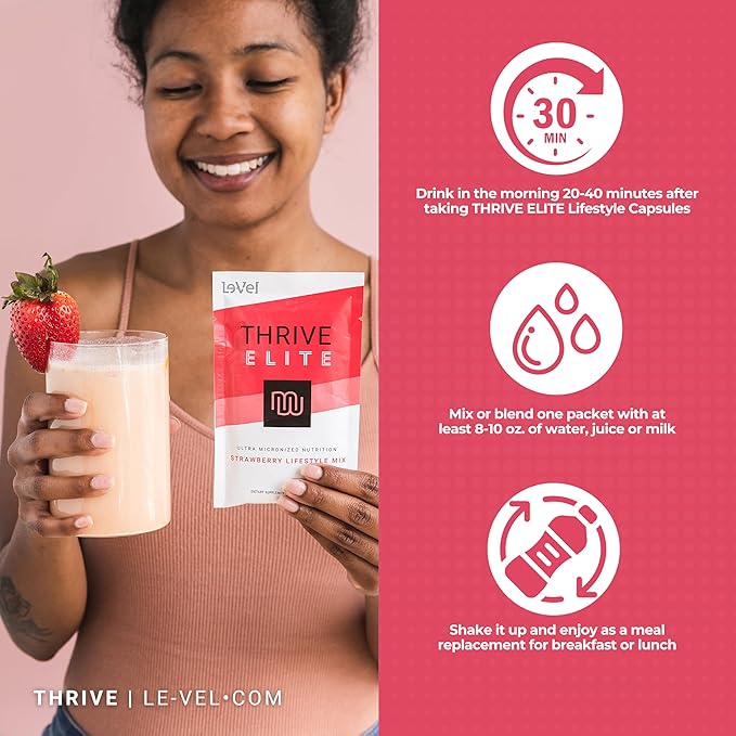 Le-Vel Thrive Elite Protein Shake | Gluten-Free Protein Blend with BCAAs Probiotics &amp Enzymes |16 Servings - Single Packets Strawberry