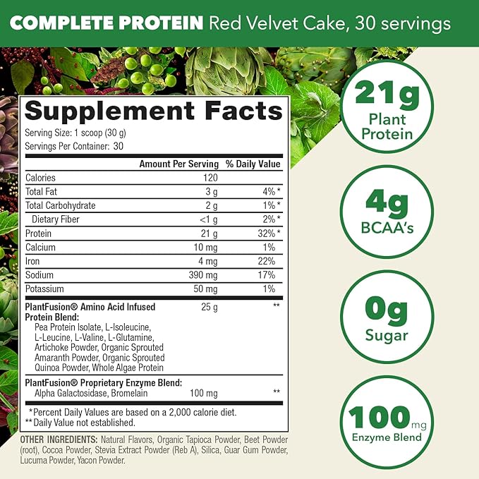 PlantFusion Complete Vegan Protein Powder - Plant Based Protein Powder With BCAAs Digestive Enzymes and Pea Protein - Keto Gluten Free Soy Free Non-Dairy No Sugar Non-GMO - Red Velvet 2 lb