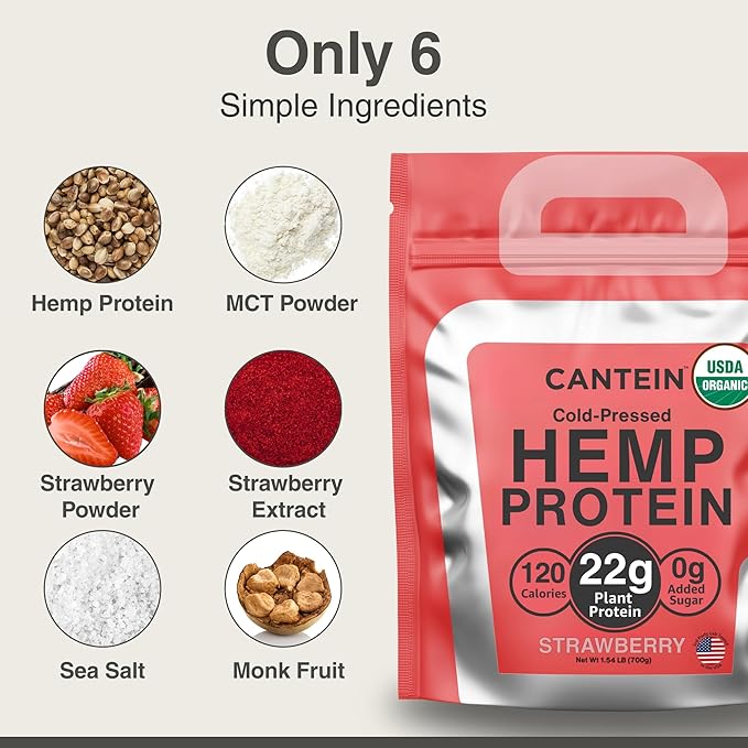 Organic Plant Based Protein Powder - 100% Hemp Protein Vegan Shake Mix - Lactose Dairy &amp Gluten Free Clean Natural Strawberry (20 Servings)