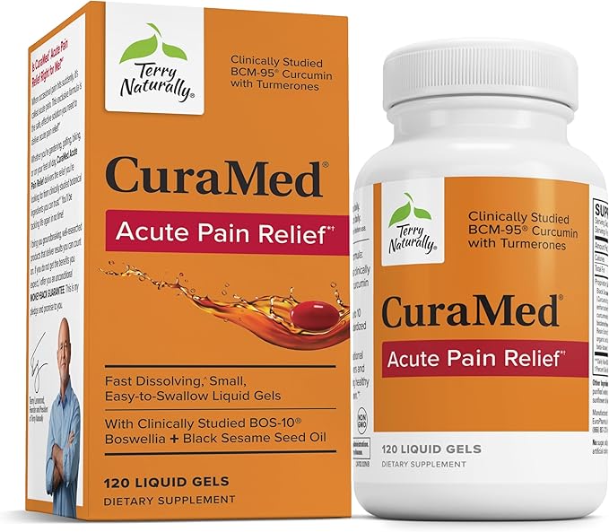 Terry Naturally CuraMed Acute Pain Relief - Supplement with BCM-95 Curcumin &amp BOS-10 Boswellia - Black Sesame Seed Oil to Support Relief of Occasional Discomfort - 120 Liquid Gels