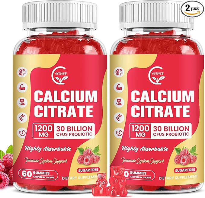 (2 Pack) Sugar Free Calcium Citrate Gummies 1200 mg with Vitamin d3 K2 Magnesium Zinc for Bone Muscle &amp Immune Support High Absorption Calcium Supplement for Women Raspberry Flavor 60 Chews