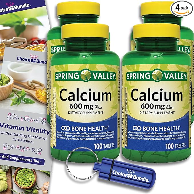 Choice Bundle Spring Valley Calcium Bone Health Dietary Supplement Tablets 600 mg 100 Ct 4 pk (400 Total) + Vitamin Guide &amp Pill Container (6 Items)!