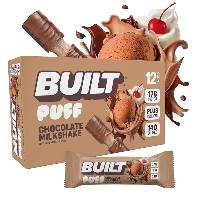 BUILT Bar Puff Protein Bars - Chocolate Milkshake - 17g Protein Snack Bars with Collagen - Calorie Conscious &amp Gluten Free - 12 Count
